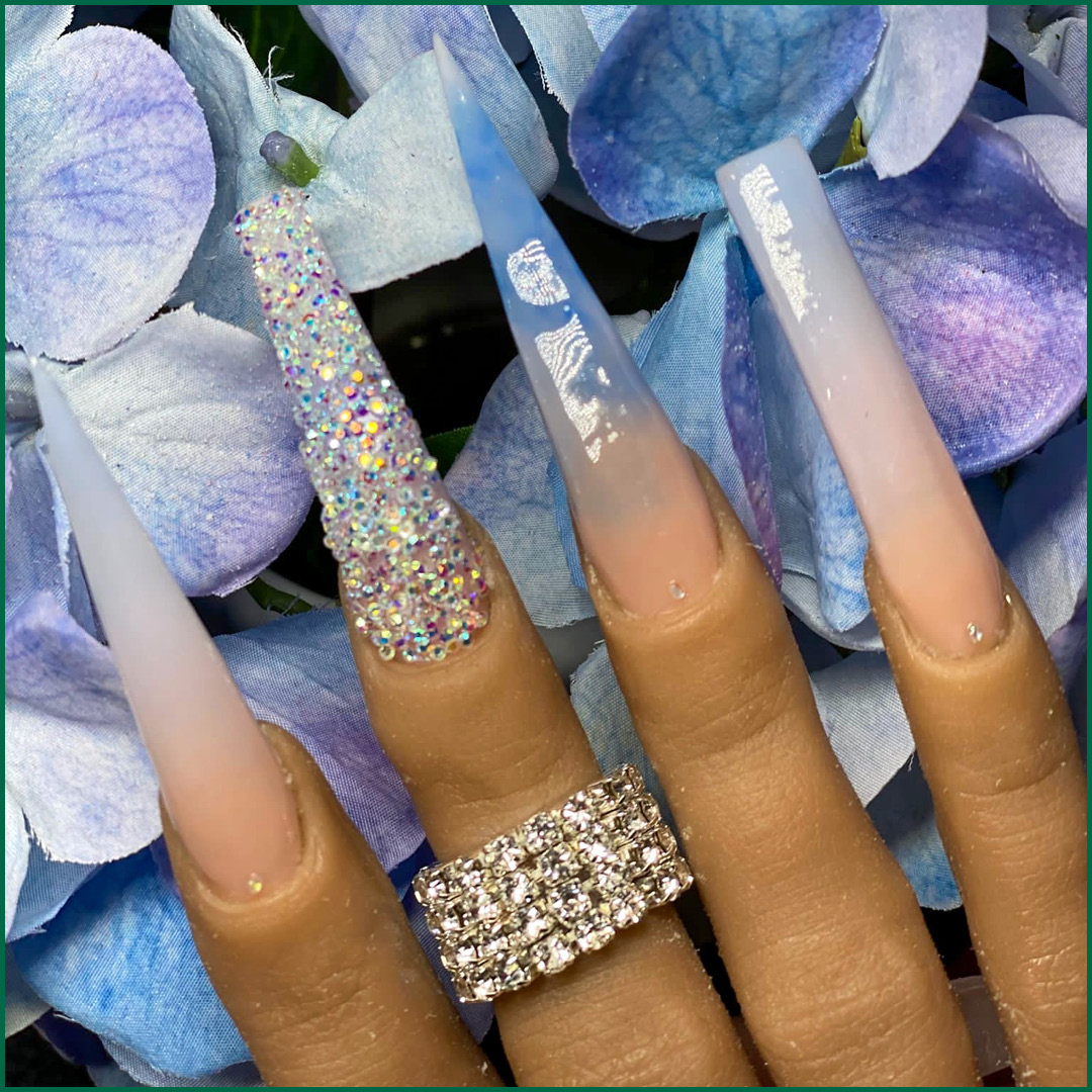 Christine_Valmy's tweet photo. When in doubt, add a little glitz! ✨ Ms. Phylicia’s students let their talent and creativity shine with these acrylic #NailDesigns. We love how dazzling and playful the rhinestones and holographic sparkles are! Which set of #NailArt is your favorite? 🤩 #CVKeepsLearning https://t.co/cFfhVdwXjs