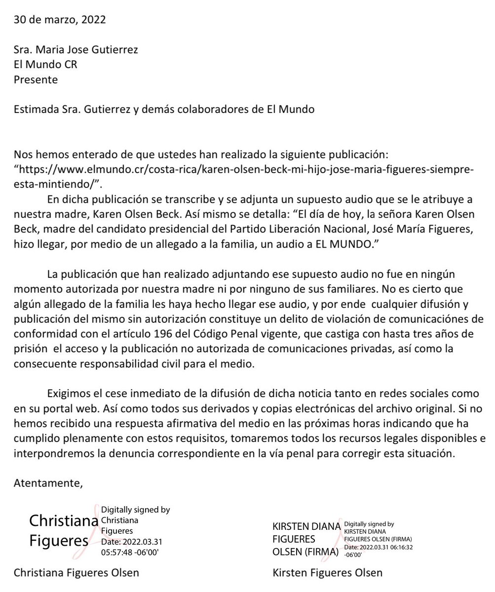 Christiana y Kirsten Figueres Olsen exigen a InmundoCR <a href="/elmundocr/">El Mundo CR</a> detener la difusión de supuesto audio atribuido a su madre Karen Olsen.

“La publicación no fue autorizada por nuestra madre ni por ninguno de sus familiares”.

Anuncian posibles acciones legales contra el pasquín.