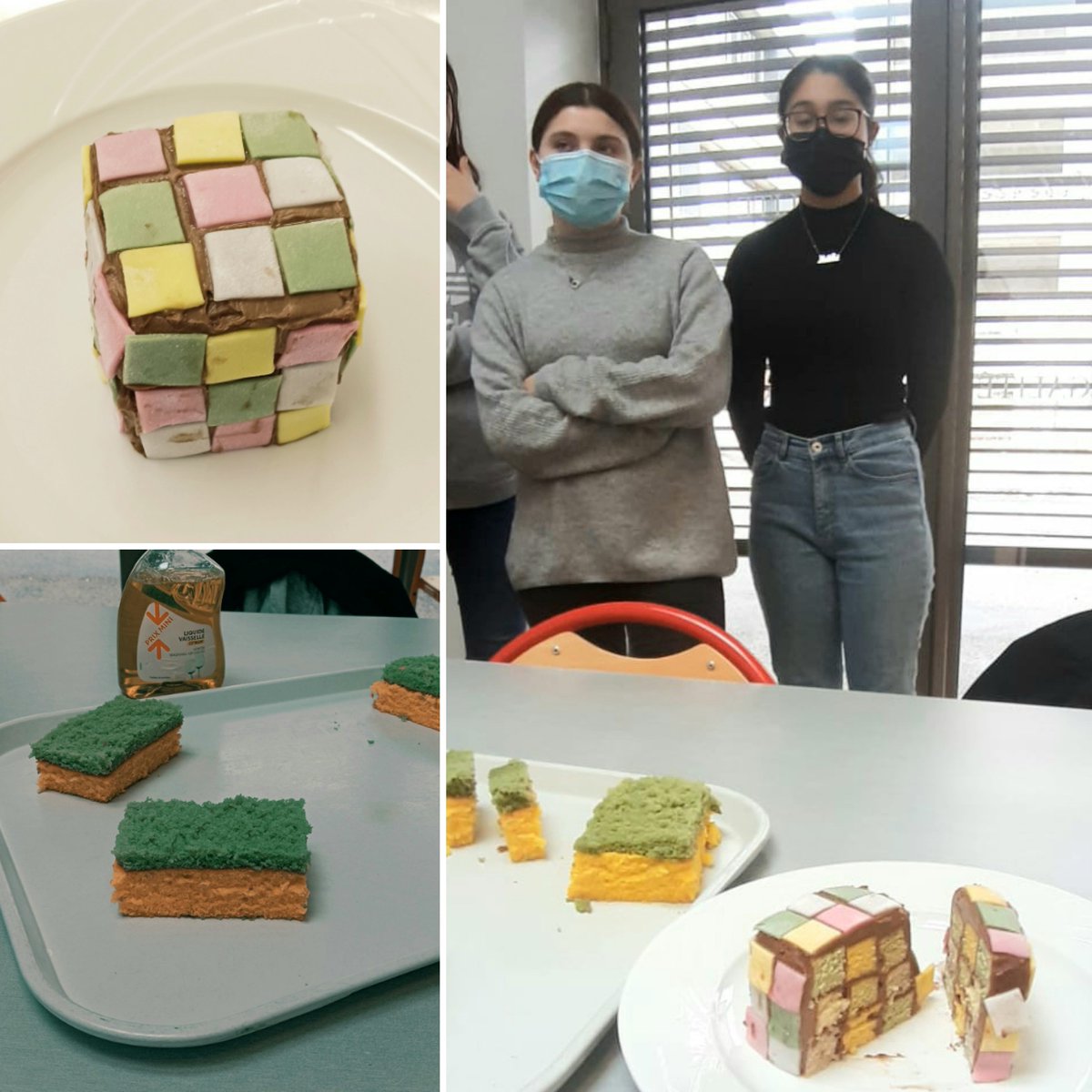 Gâteaux en trompe-l'oeil : les élèves de 4e SEGPA, en champ professionnel HAS découvrent l'art du trompe-l'oeil culinaire ; ces éponges et cubes sont totalement comestibles, sucrés et ... délicieux !