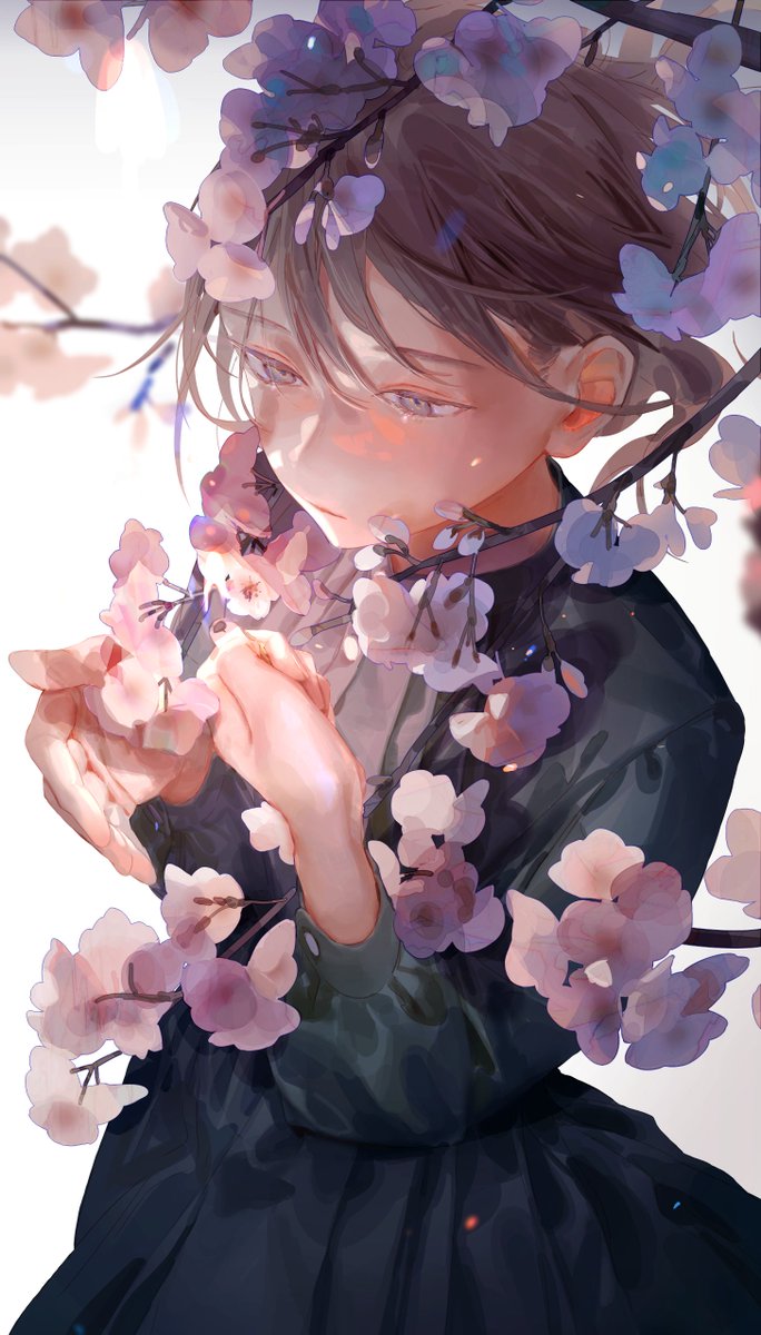 1girl solo brown hair dress flower white background cherry blossoms  illustration images