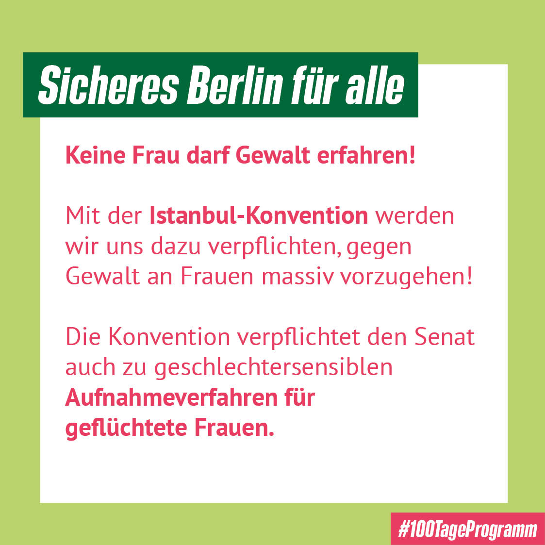 GrueneFraktionB's tweet image. Frauenfeindliche Gewalt ist ein Problem. Gut, dass @SenWGPG im #100TageProgramm die Umsetzung der #IstanbulKonvention vorangetrieben hat. Sie verpflichtet den Senat auch zu einem geschlechtersensiblen Aufnahmeverfahren für geflüchtete Frauen. Ein Meilenstein! 💪