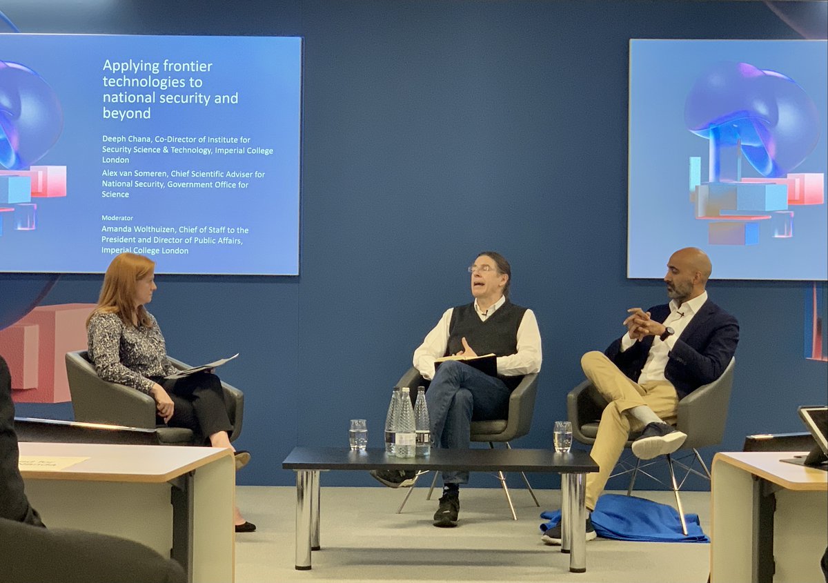 ImperialBiz's tweet photo. @amandawolt of @imperialcollege chairs our final panel ๐
@DeephChana,โฏCo-Director @imperial_isst, and Alex van Someren, Chief Scientific Adviser for National Security, discuss applying frontier technologies to national security & beyond ๐ฐ๏ธ๐
#IBConf22 @scale_space https://t.co/9j8voWnBHp