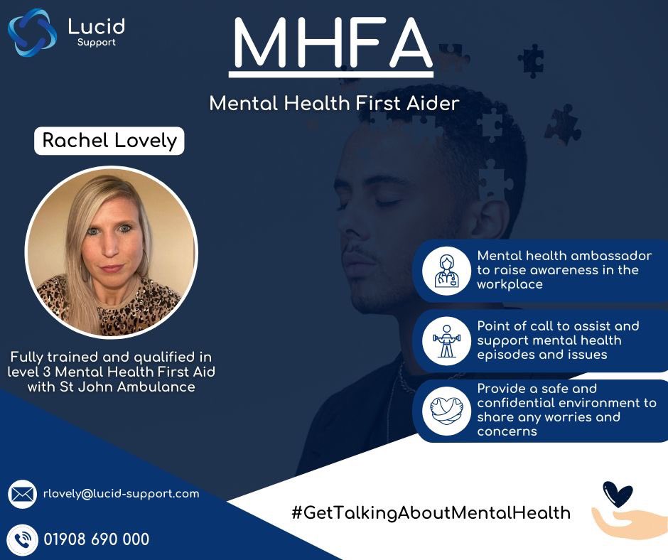 Rachel is our second MHFA for the Lucid Support Services workplace. She raises awareness for mental health and provides a safe space for the team 💙

A big thank you to St John Ambulance Workplace Training for providing the skills and knowledge to our MHFA.

#MentalHealthMatters