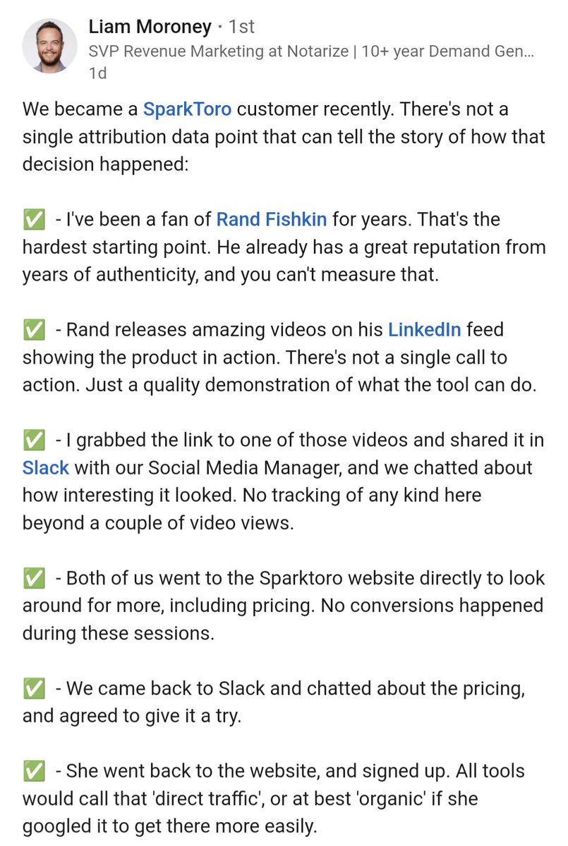 randfish's tweet image. This is a great story of why attempting to attribute your content &amp;amp; social marketing is a waste.

Modern buyer journeys are so complex we&apos;d spend 100X to measure performance vs producing it.

Via linkedin.com/posts/liammoro…