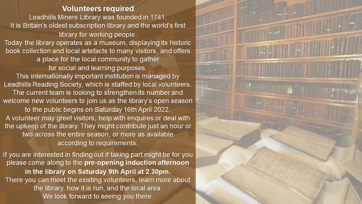MinersLibrary's tweet photo. A new season dawns & a library's thoughts turn to volunteering. If you'd like the opportunity to join our merry band of volunteers at the UK's oldest subscription library, in the glorious Southern Uplands, we'd be delighted to hear from you! Details👇🏼
#librarywithaltitude📚🏴🏔️⛏️ https://t.co/5HBjULFzpv