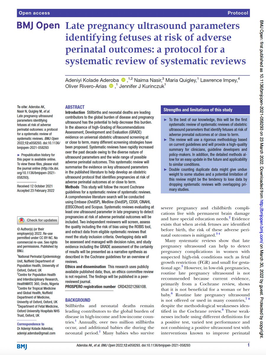ade_aderoba's tweet photo. Ongoing: We aim to provide #evidence on key #ultrasound parameters to help develop a care protocol that identifies pregnancies at risk of #stillbirths &other adverse #perinatal outcomes at or close to term delivery.
Pls share relevant systematic reviews
@naimanasir #HealthMATE360 https://t.co/bW7K98lSgd