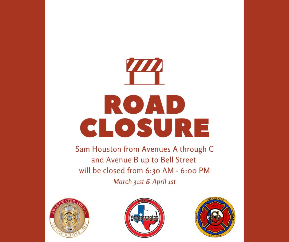 ⚠️ROAD CLOSURE⚠️
Sam Houston from Avenue A through C and Avenue B up to Bell Street will be closed today and tomorrow from 6:30 AM - 6:00 PM. Find alternate routes if possible.