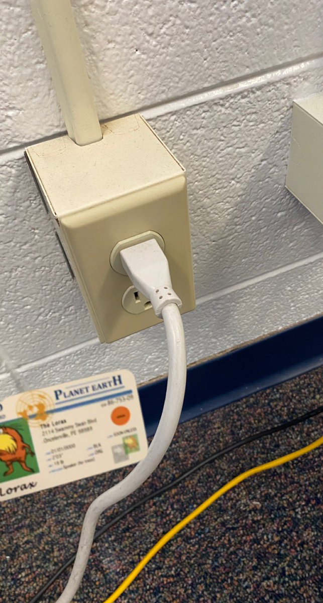 Mr. Papenfuss uses electricity to power his printer. He plugs it into this outlet. The electricity comes from a power plant. The power plant is powered by coal because the heat spins turbines and generates electricity. <a href="/franklinlorax/">APES Project Lorax</a> #apesenergy