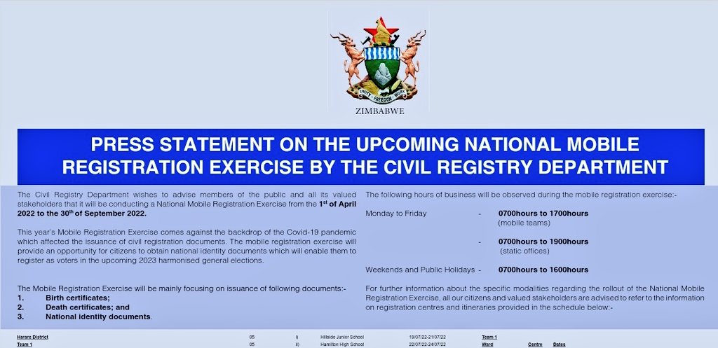 Get your ID card between now and September during mobile outreach by the Civil Registry Department. Check area closest to you, and mark the date. Details below: