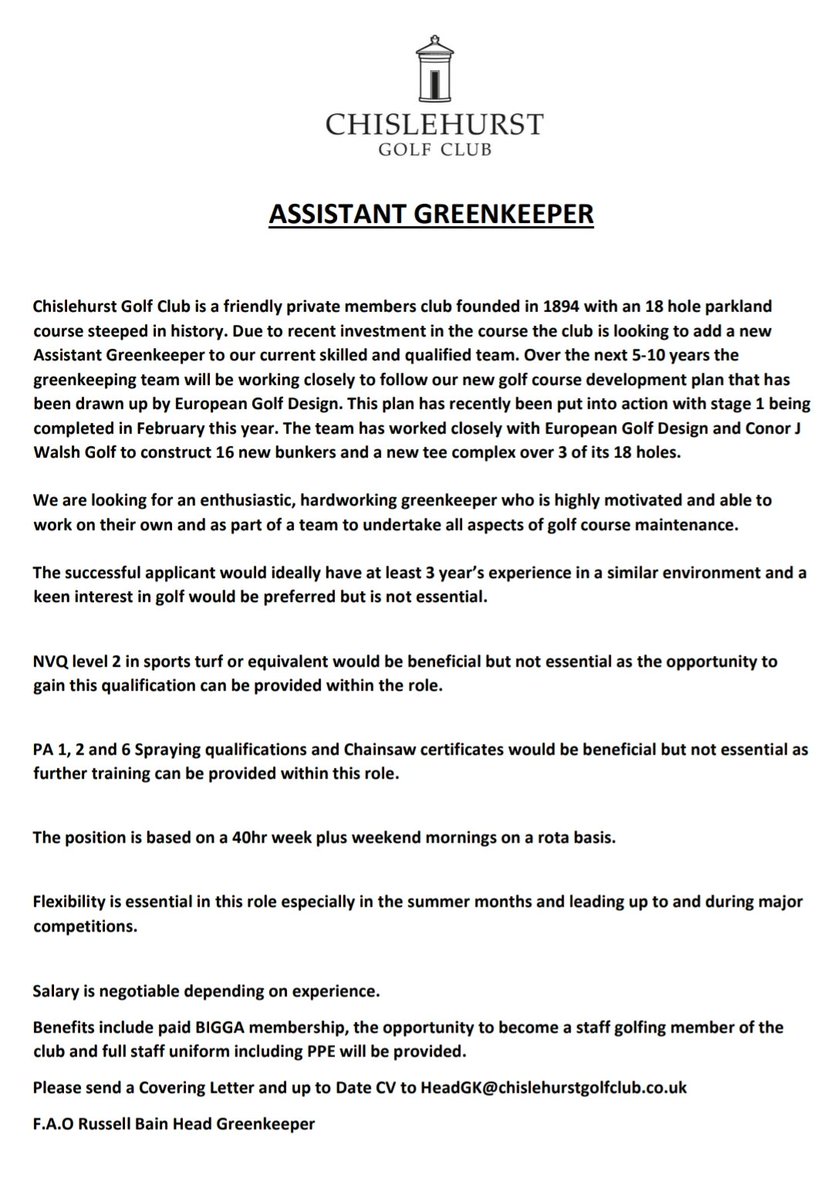 RussellBainHGK's tweet photo. We are expanding the Greenkeeping team @chislehurstgolf feel free to get in touch if you would like any more information on the role and please retweet to spread the word. https://t.co/nvINaJUJH3