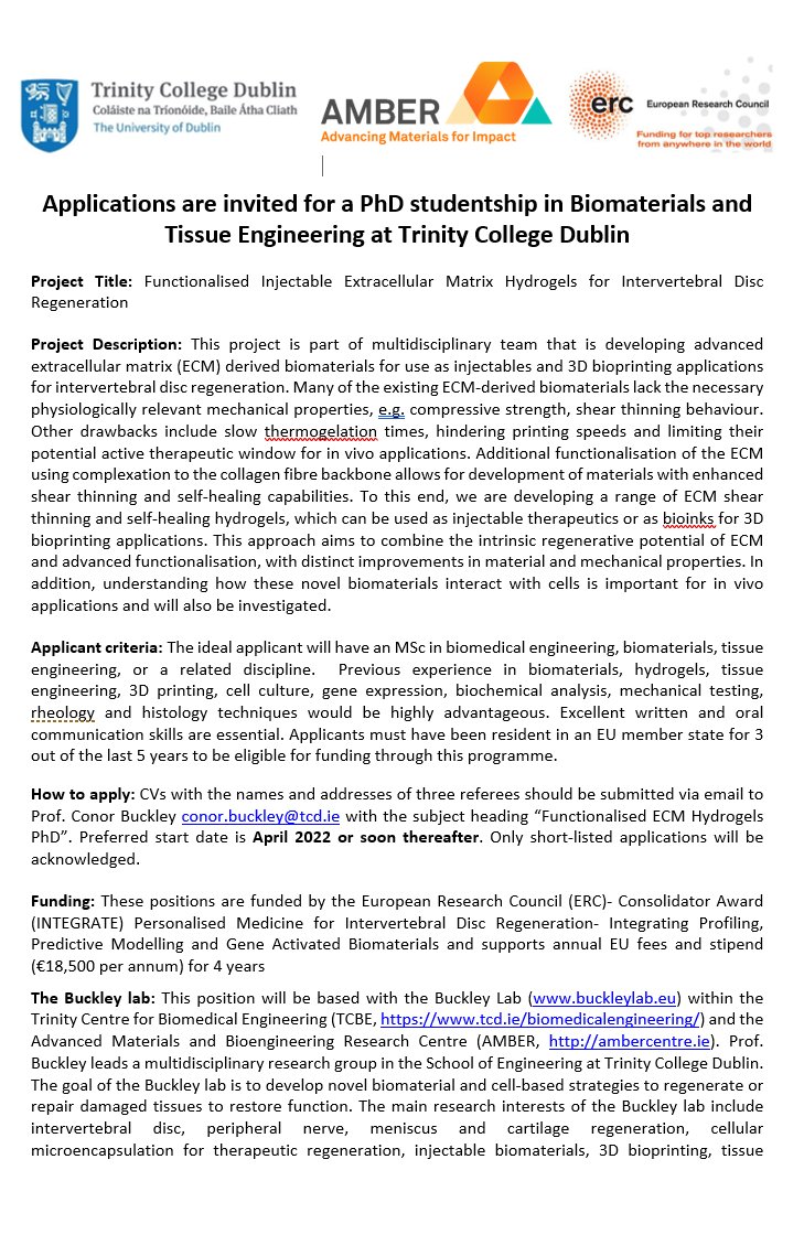 Conor Buckley (@buckleylabtcd) on Twitter photo PhD Studentship in Biomaterials and Tissue Engineering at Trinity College Dublin
Functionalised Injectable Extracellular Matrix Hydrogels for Intervertebral Disc Regeneration
More info: buckleylab.eu/vacancies
<a href="/ambercentre/">AMBER</a> <a href="/tcdTCBE/">TCBE</a> <a href="/tcddublin/">Trinity College Dublin</a> <a href="/tcdengineering/">Trinity Engineering</a> <a href="/tcdTBSI/">TCD TBSI</a>
RTs welcome PhD Studentship in Biomaterials and Tissue Engineering at Trinity College Dublin
Functionalised Injectable Extracellular Matrix Hydrogels for Intervertebral Disc Regeneration
More info: buckleylab.eu/vacancies
<a href="/ambercentre/">AMBER</a> <a href="/tcdTCBE/">TCBE</a> <a href="/tcddublin/">Trinity College Dublin</a> <a href="/tcdengineering/">Trinity Engineering</a> <a href="/tcdTBSI/">TCD TBSI</a>
RTs welcome