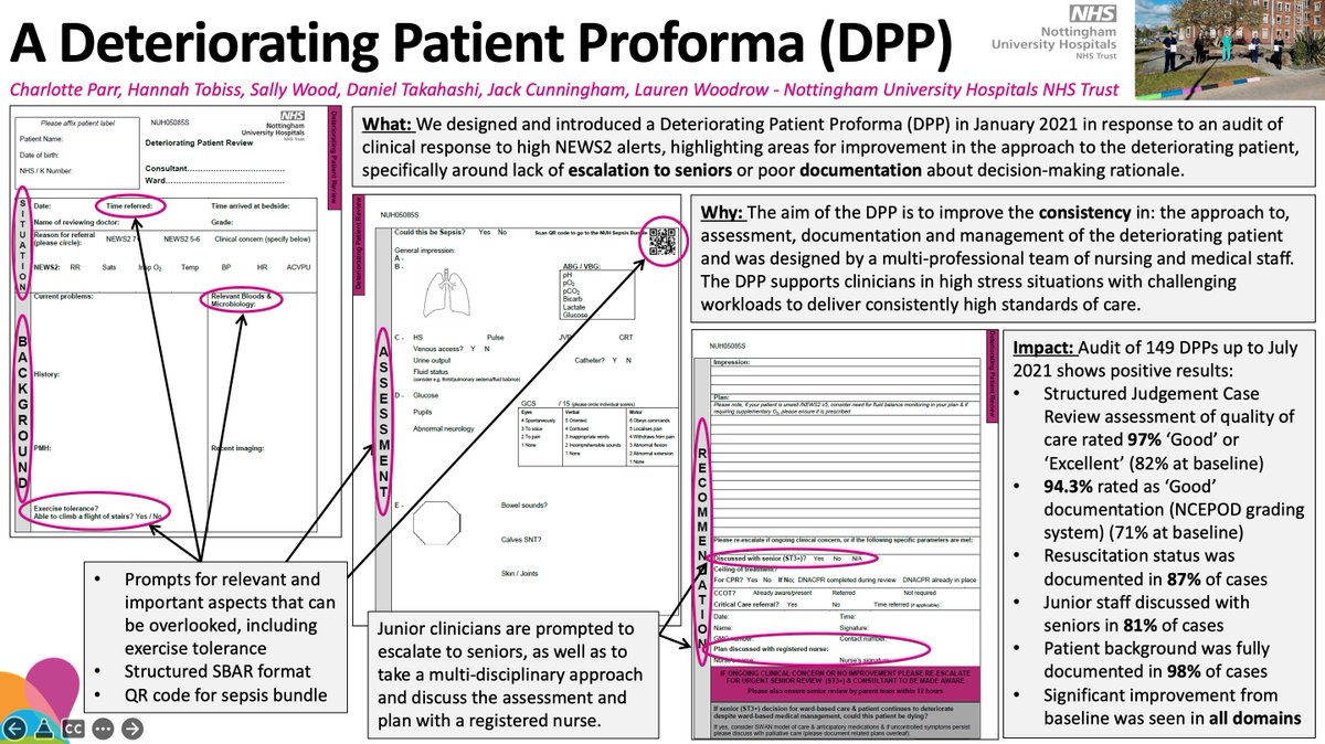 Thank you <a href="/mattinadakim/">Matt Inada-Kim</a> for showcasing our Deteriorating Patient Proforma from <a href="/nottmhospitals/">Nottingham University Hospitals</a> at the #RCPMed2022 this afternoon. Our poster on the DPP was highly commended poster at the <a href="/RCPhysicians/">Royal College of Physicians</a> East Mids virtual poster competition last October <a href="/recogniserescue/">Recognise & Rescue</a> <a href="/doctorTmrsC/">Hannah</a>