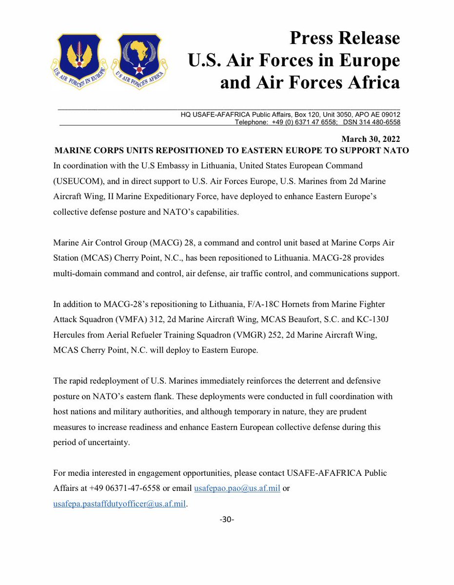 2nd_MAW's tweet photo. (1/3) “Elements of 2nd Marine Aircraft Wing rapidly #redeployed from
exercising with Allies in the Arctic, to locations across Eastern Europe. https://t.co/Uwq4uQBgGY