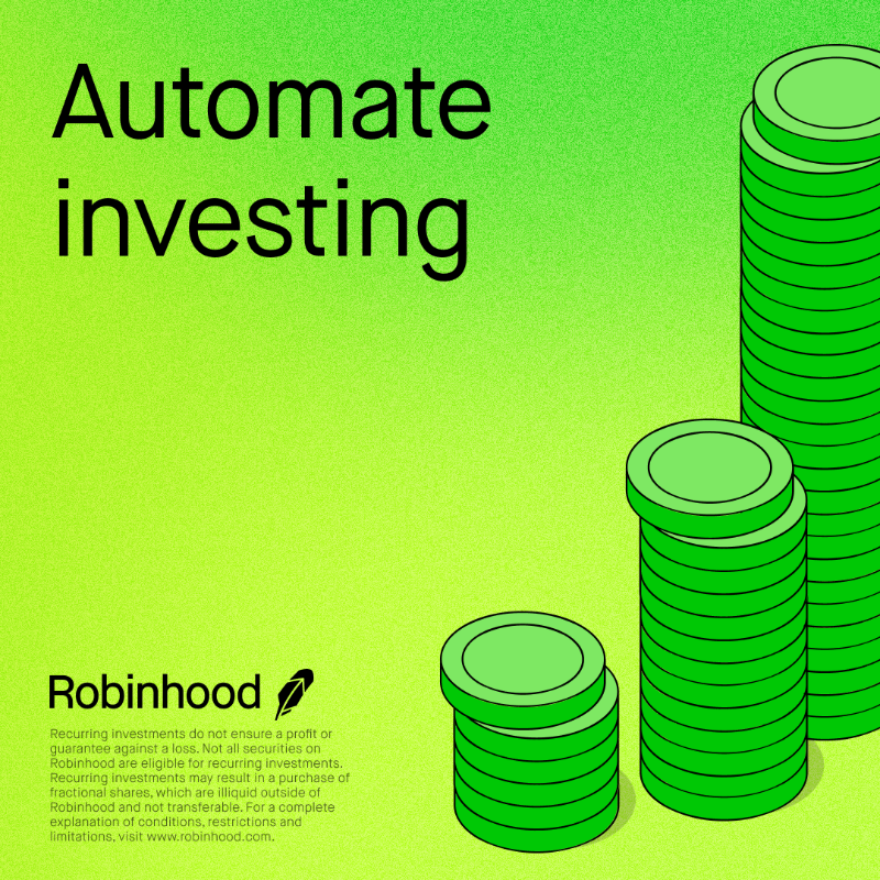 RobinhoodApp's tweet photo. Automatically invest daily, weekly, or monthly on Robinhood

Investing a small amount can have a big impact. Set up recurring investing on Robinhood with as little as $1