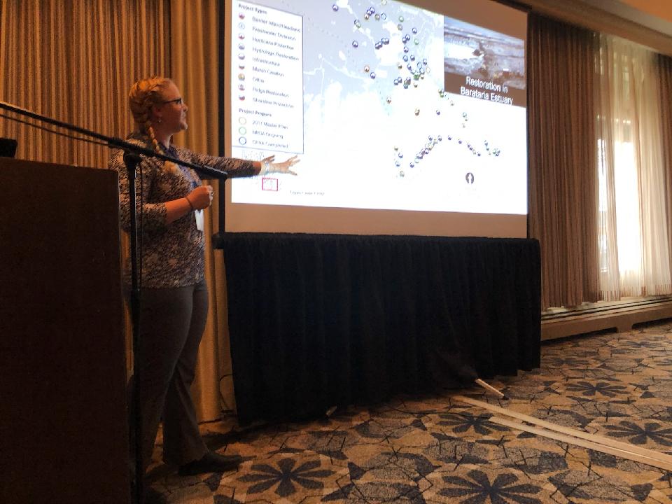 Erin Kiskaddon, benthic ecologist at The Water Institute, presenting this morning at #BEM2022 on developing a lower trophic inventory and monitoring program. Read more about the work here thewaterinstitute.org/projects/lower…