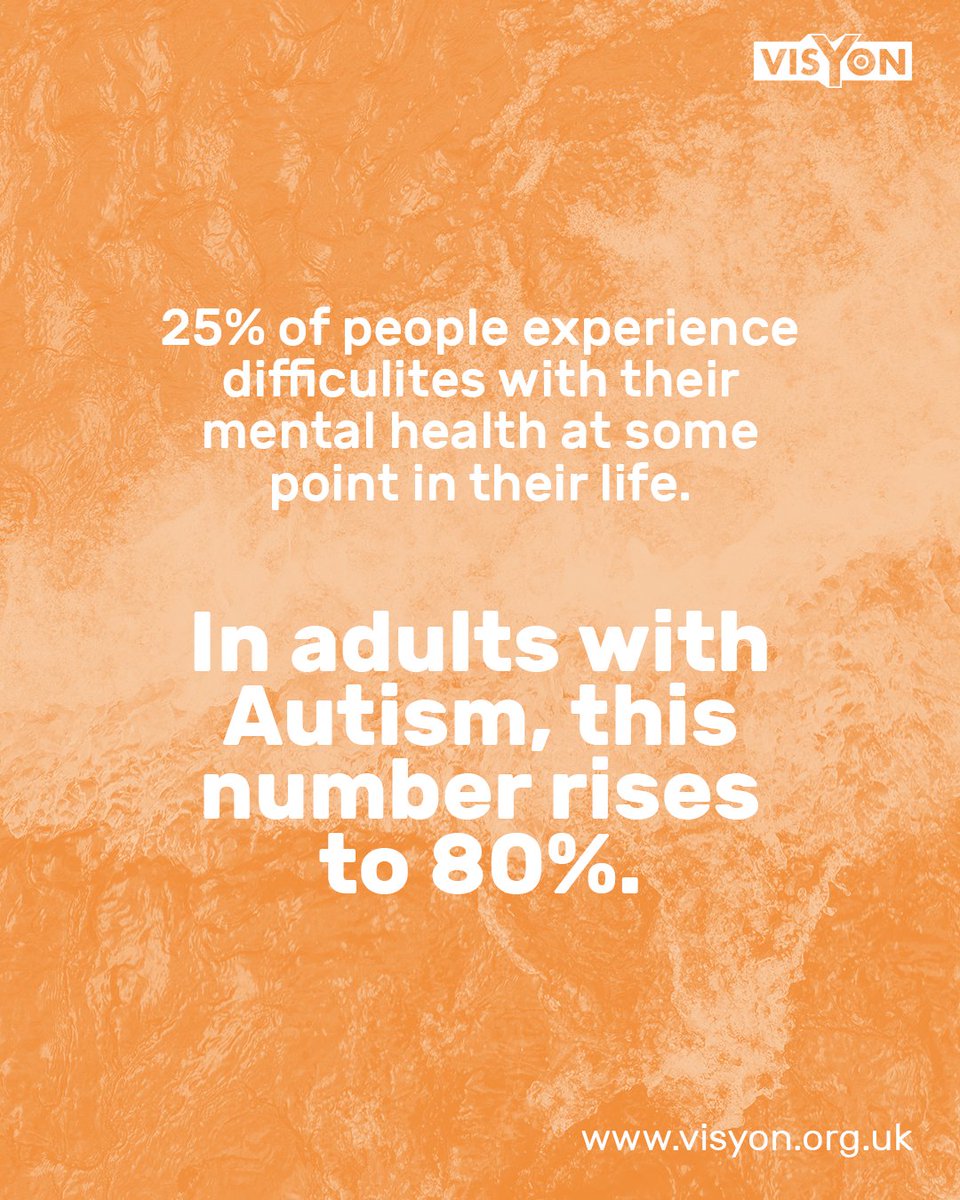 Visyonltd's tweet photo. 25% of people experience difficulties with their mental health at some point in their life. In autistic adults, this number rises to 80%.
At Visyon, we equip young people with resilience to live happy, independent futures as young adults.

#Autism #WorldAutismWeek #AutismWeek https://t.co/cjW8LkObVy