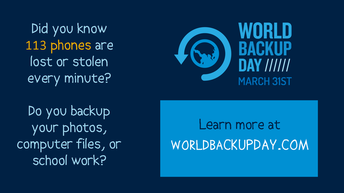 Did you know 113 phones are lost or stolen EVERY MINUTE? Did you know 30% of all computers are infected with malware? 
Today is #WorldBackupDay ! There are so many options for backing up your various data. Check out worldbackupday.com for more info!