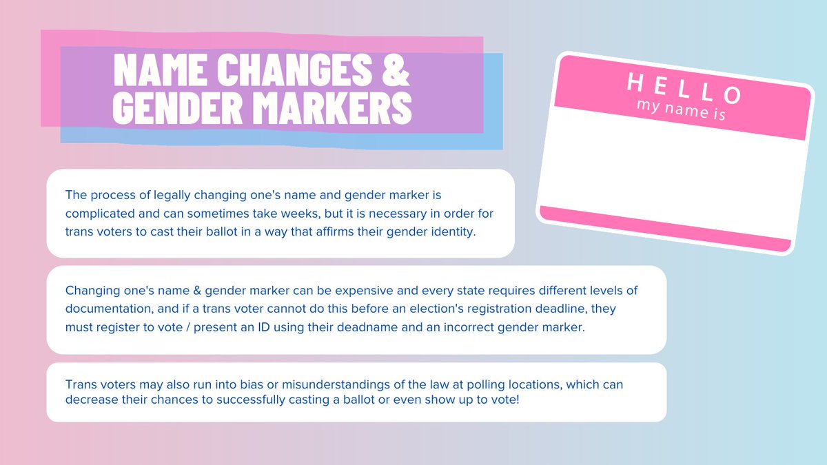 SLSVCoalition's tweet photo. The process of legally changing one's name and gender marker is complicated and can sometimes take weeks, but it is often necessary in order for trans voters to cast their ballot in a way that affirms their gender identity. #VotingWhileTrans https://t.co/21eTc5FKaC