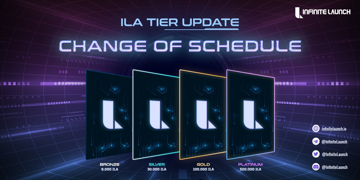 CHANGE OF SCHEDULE:TIER SYSTEM UPDATE
After overwhelming responses to the date of our tier system update, we have decided to extend the deadline for joining our current tier system to 14th Apr

📍Mark your calendar and lock your $ILA here to get allocation
infinitelaunch.io/accounts?tab=w…