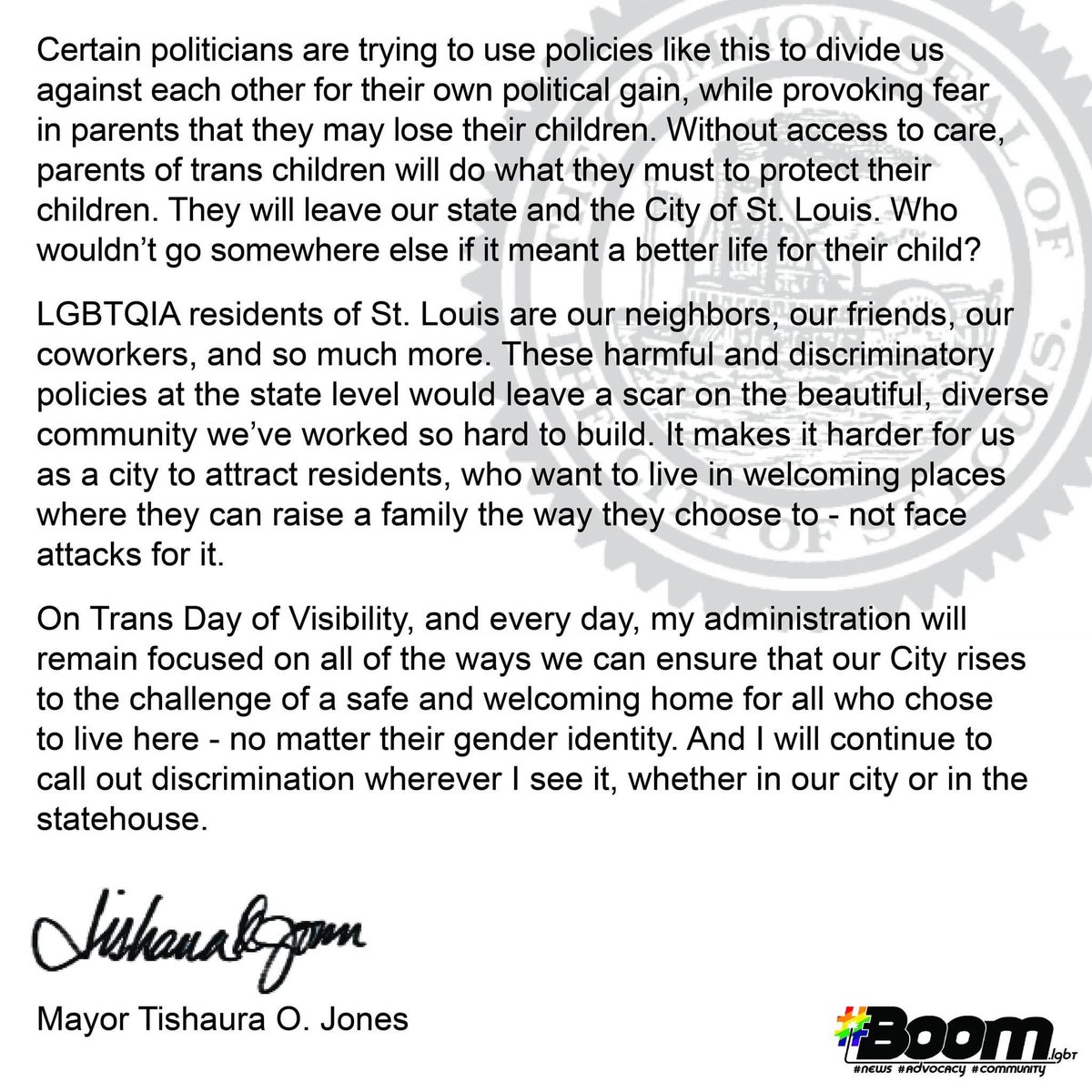 BoomMagSTL's tweet photo. 2:2 Mayor @tishaura speaks out on #TransDayOfVisibility #TDOV2022 https://t.co/cgyeKMLdZa