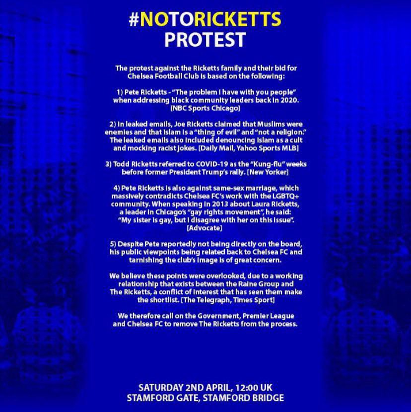 Boxser's tweet photo. No to Ricketts. No to Homophobia. No to Islamophobia. No to disgraceful owners who don’t care about the team or fans at all.  @ChelseaFC #rainegroup #brucebuck @guardian @thetimes @Telegraph @DailyMirror @DailyMailUK @TheSun @ToniRuediger @officialhziyech https://t.co/KQegBEqFMV