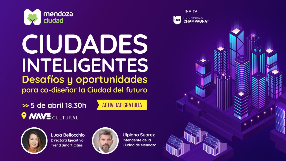 Ciudades Inteligentes, un encuentro destacado para proyectar la #CiudadDelFuturo. Tendrá lugar el 5/04 a las 18:30 en la Nave. Se abordarán desafíos y oportunidades de codiseñar la Ciudad del futuro con una especialista en la temática, Lucía Bellocchio. Será abierto y gratuito.