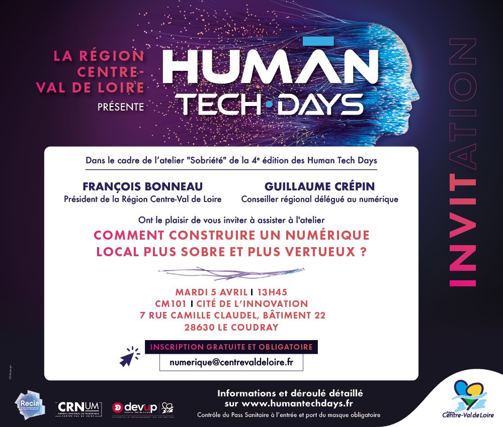 HumanTechDays's tweet photo. ♻ Comment construire un #numérique local plus sobre et plus vertueux ? Nous en débattrons lors de la 5ème journée #HumanTechDays !

📍RDV le mardi 5 avril à la Cité de l'Innovation à Chartres à 13h45!

➡ Sur inscription à numerique@centrevaldeloire.fr

#HTD2022 #HumanTechRegion https://t.co/quFMyyQkYG