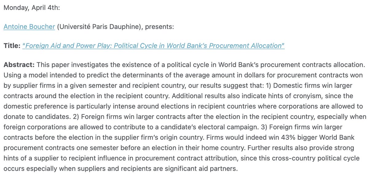 gradstudent_ipe's tweet photo. #GSIPE is BACK next Monday with @BoucherAntoine6 presenting "Foreign Aid and Power Play: Political Cycle in World Bank’s Procurement Allocation," moderated by @NicolaNones.

See you there at noon ET! #EconTwitter #polisciresearch #AcademicTwitter https://t.co/6S2PP0SJQu
