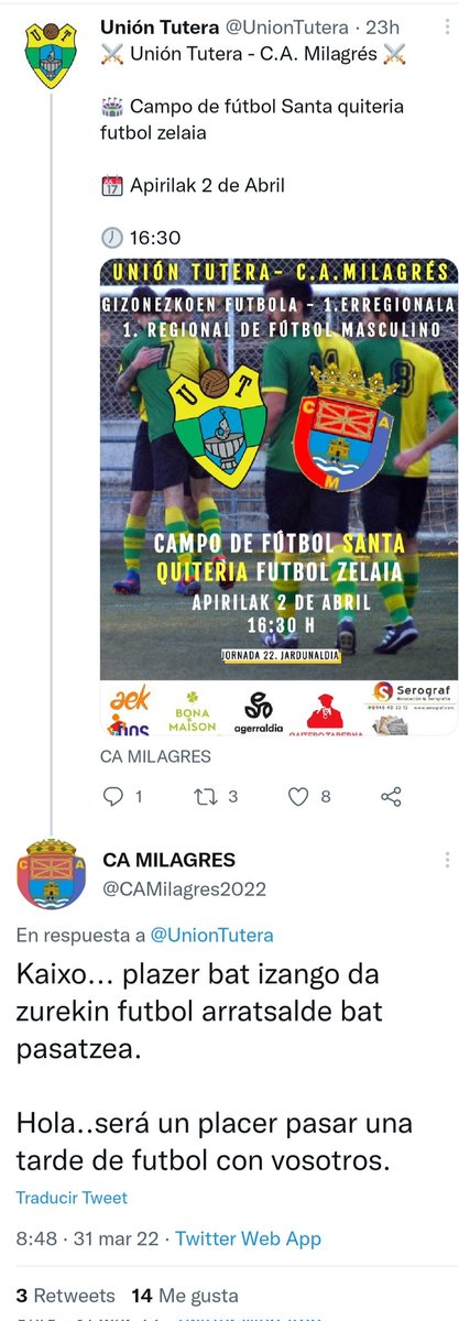 #Korrika2022 hasi den egunan, #euskara ren normalizaziorako <a href="/UnionTutera/">Unión Tutera</a> egiten ari den lana nabarmendu nahi nuke.

#futbola ren bitartez #nafarroa ko erriberan gure hizkuntzak merezi duen lekua ahalbidetzen du eta <a href="/CAMilagres2022/">CA MILAGRES</a> bezalako taldeek  begirunez erantzuten dute
👏👏