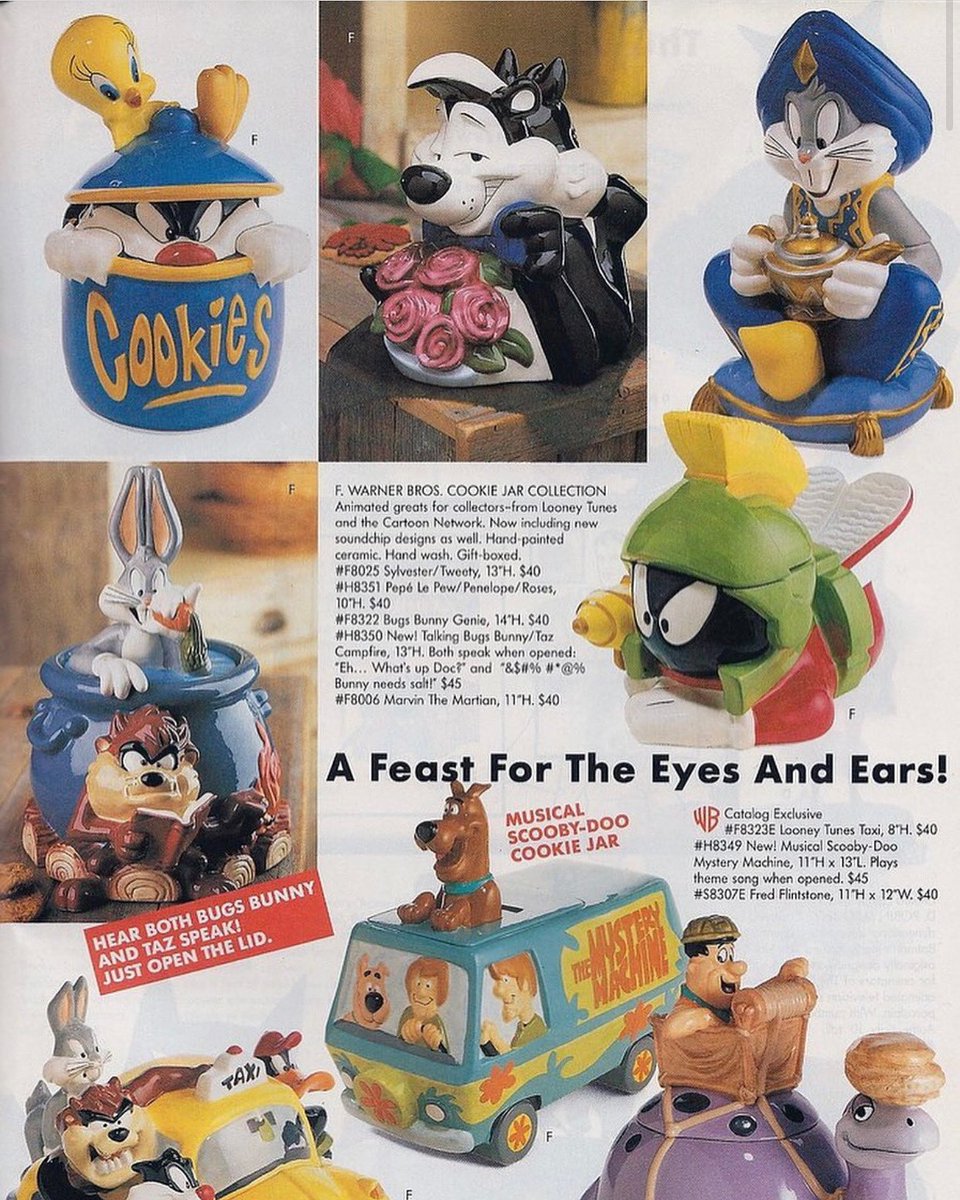 ScoobyandCam's tweet photo. Cartoon Cookie Jars featured in the Warner Brothers Studio Store Catalog from 1998.

#WarnerBros #ScoobyDoo #WarnerBrothersStudioStore #CookieJars #LooneyTunes #TheFlinstones https://t.co/CeOQjDosFK