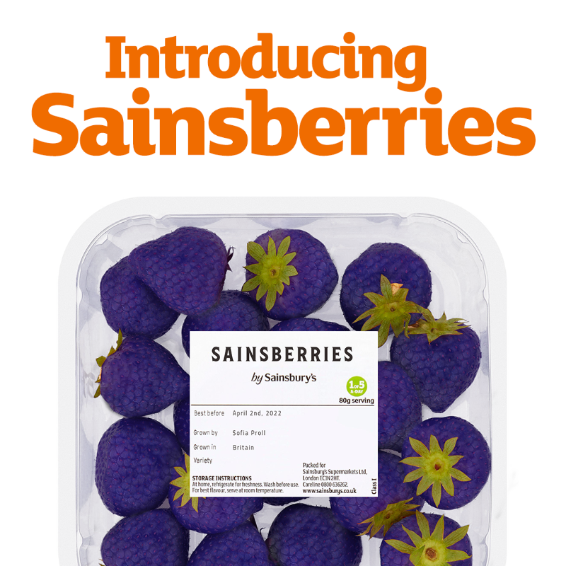 sainsburys's tweet photo. Love strawberries? Raspberries? Blueberries?  🍓 

Look no further.
Sainsbury’s brings you… 🥁 
The Sainsberry.

A strawb-rasp-blueb-goji-cran-berry hybrid. 
Your five-a-day in just one fruit.
Berry impressive… don’t you think? 👀