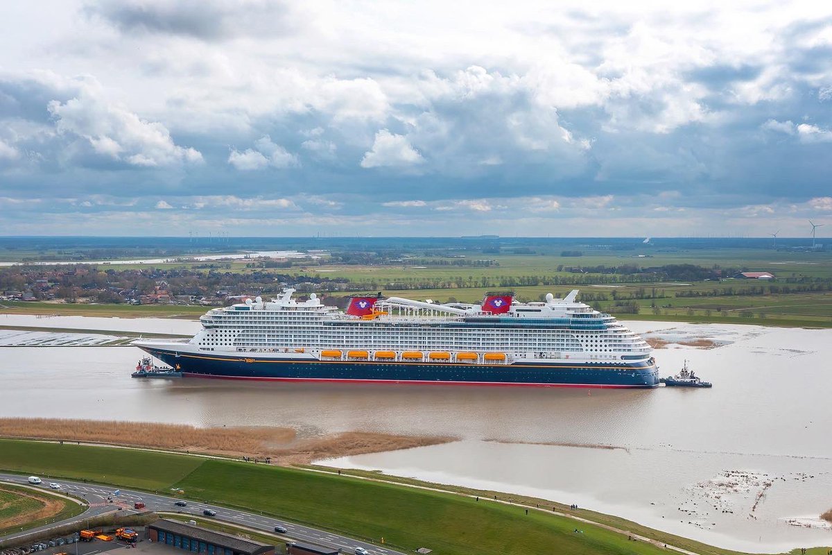 DisneyCruise's tweet photo. The Disney Wish is one step closer to making wishes come true for guests this summer! The newest Disney Cruise Line ship bid farewell to the Meyer Werft shipyard on its way to open water for the first time, marking the latest milestone after nearly two years of construction. https://t.co/E2uQmfZu9c