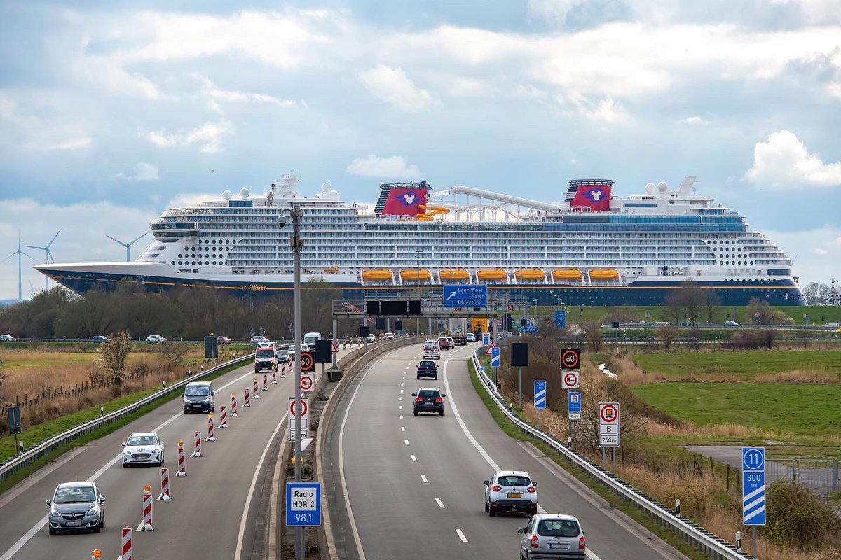 DisneyCruise's tweet photo. The Disney Wish is one step closer to making wishes come true for guests this summer! The newest Disney Cruise Line ship bid farewell to the Meyer Werft shipyard on its way to open water for the first time, marking the latest milestone after nearly two years of construction. https://t.co/E2uQmfZu9c