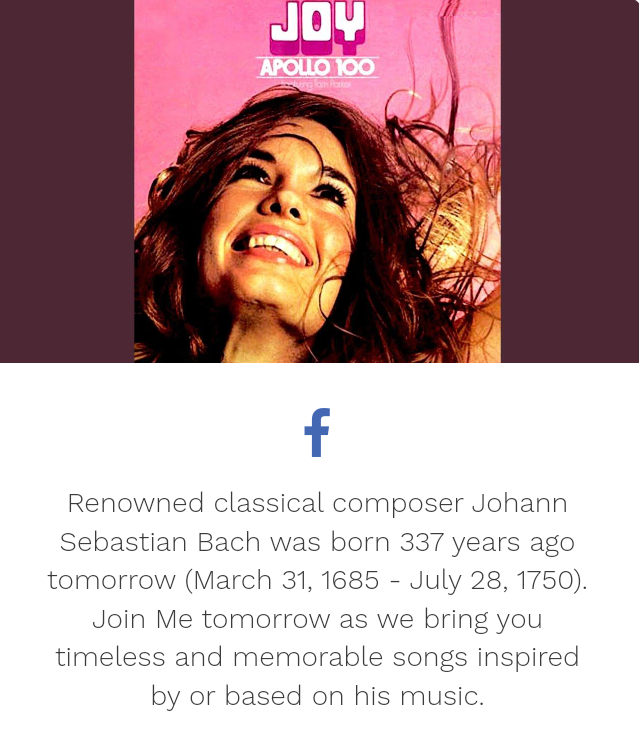 VenusInMomJeans's tweet photo. #AWhiterShadeOfPale by #ProcolHarum was inspired by #JohannSebastianBach, who was born 337 years ago on #March31st. Now that's some amazingly #TimelessAndMemorable music on 87.7FM @MeTVFM https://t.co/fBT7nll9Ay https://t.co/E3AZVceEuh