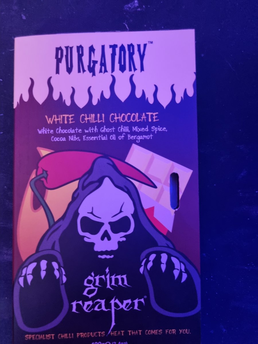 So one of my <a href="/official_throne/">Throne</a> gifts turned up today! 
<a href="/GrimReaperFoods/">Grim Reaper®</a> ghost pepper white chocolate! 
highly recommend, tastes amazing IF you can handle the intense heat!

this will be used for my SPICY APRIL challenge! 

big excited for next month!