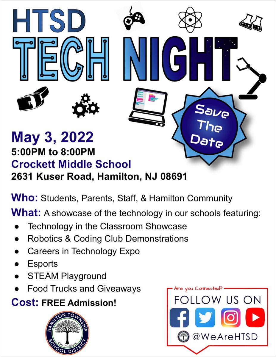 Save the Date ➡️Tech Night is back! 💻 🤖 ⚙️

🗓 May 3rd
🏡<a href="/HTSD_Crockett/">Crockett Middle School</a> 
🕰 5 - 8PM

Learn more ➡️ bit.ly/HTSDtechnight22

<a href="/ScottRRocco/">Scott Rocco, Ed.D.</a> <a href="/HTSDSecondary/">Jim Altobello</a> <a href="/HTSD_Tech/">HTSD Technology Department</a> <a href="/oboylejf/">Jim O'Boyle</a> <a href="/HTSDCurriculum/">Hamilton Twp. C&I</a> <a href="/HamiltonTwpNJ/">Hamilton Township NJ</a> <a href="/LauraGeltch/">Laura Geltch</a> <a href="/ClarkeHolmes16/">Roxann Clarke-Holmes, Ed.D.</a> 
#HTSD #HTSDPride