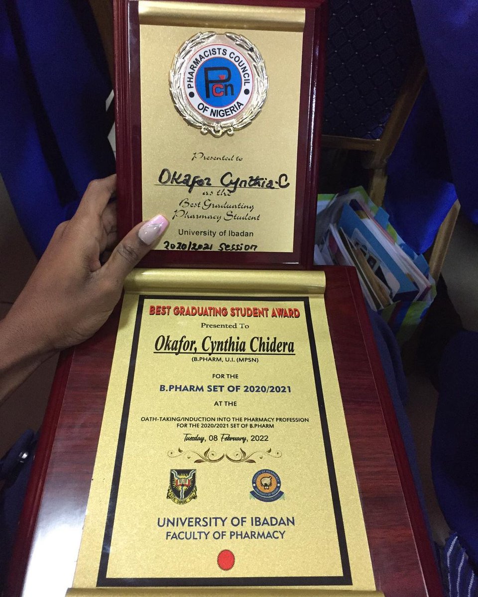 SchoolsChannel's tweet photo. OKAFOR CYNTHIA CHIDERA from Anambra State.
First class honours 
CGPA of 6.9 out of 7.0 
Overall Best Graduating Student from Faculty of Pharmacy, University of Ibadan. 
Distinctions in Pharmaceutics and Industrial Chemistry 
Distinction in Pharmacognosy 
@CCSoludo #anambra https://t.co/zNOblwwCks
