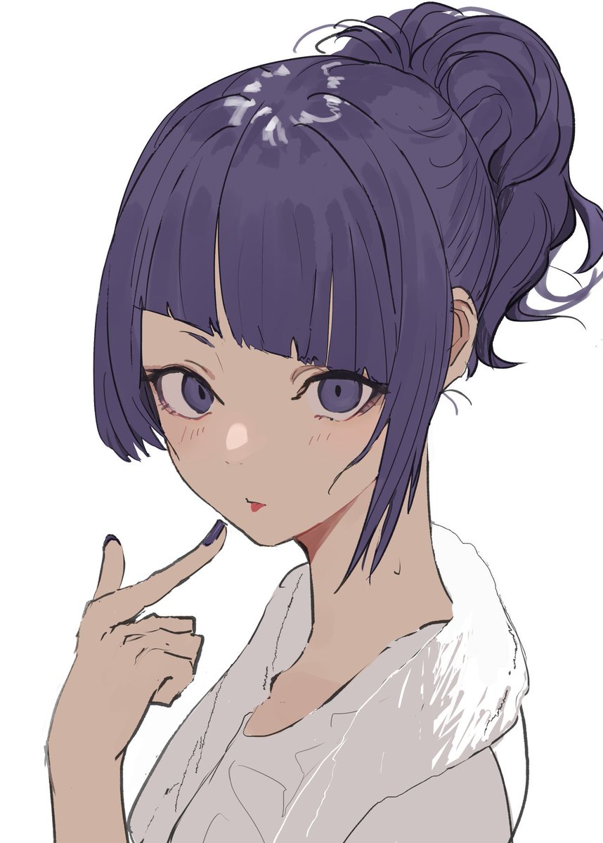 tanaka mamimi 1girl solo diagonal bangs purple hair white background looking at viewer purple eyes  illustration images