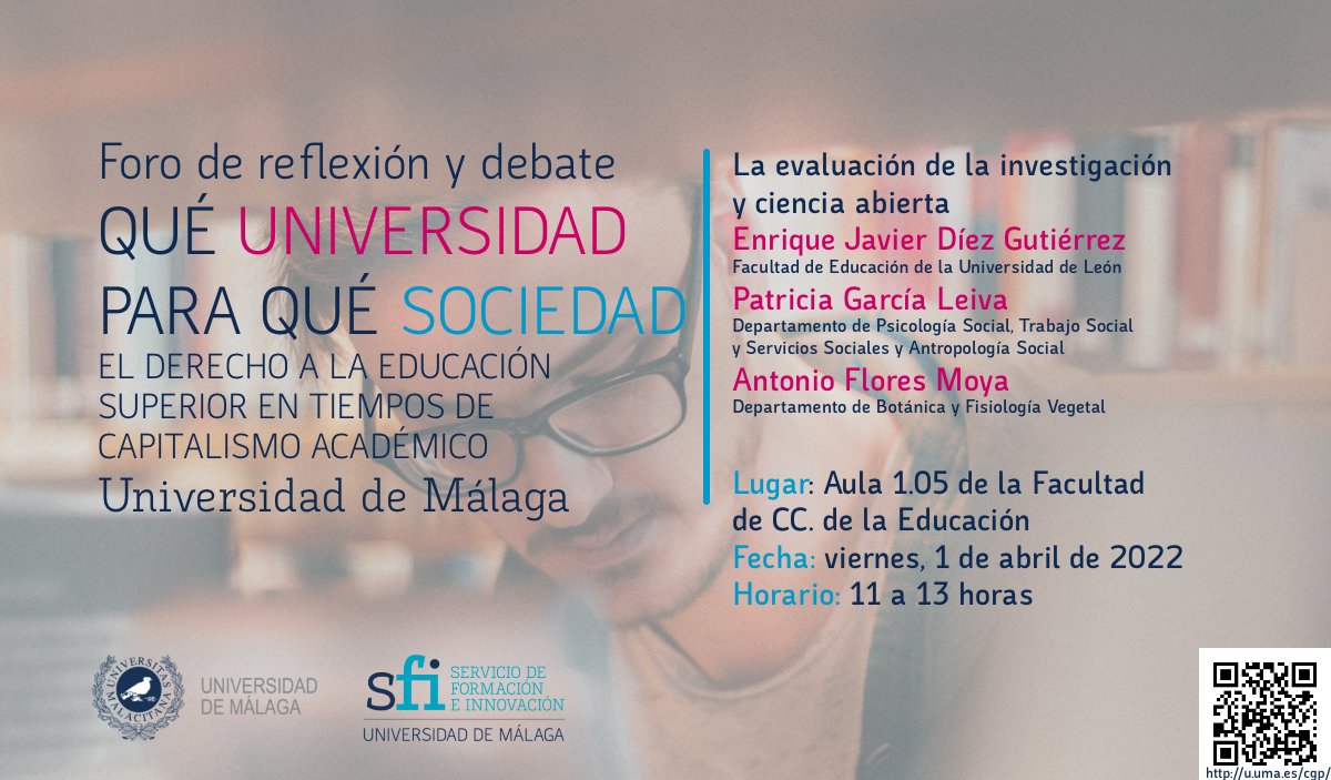 MAÑANA, 1 de abril tienes una cita 
📌, en el aula 1.05 de <a href="/Educacion_UMA/">FacultadEducaciónUMA</a> de la <a href="/InfoUMA/">Universidad de Málaga</a>, foro de debate y reflexión “Qué Universidad. Para qué sociedad” 
con <a href="/EnriqueJDiez/">EnriqueDíezGutiérrez  🔻</a> de la <a href="/unileon/">Universidad de León</a> 
sobre #INVESTIGACION

+info: 
u.uma.es/cgp/