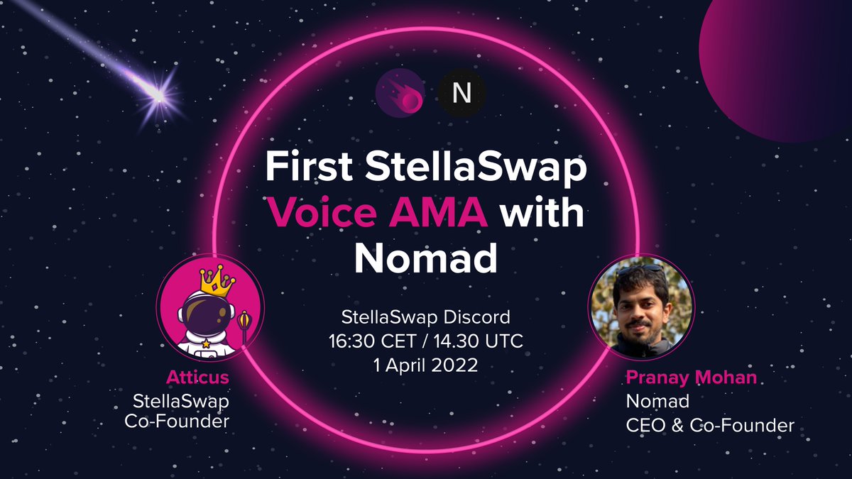 Our first-ever #AMA is coming in 24 hrs!🥳

We're hosting an #AMA with <a href="/nomadxyz_/">Nomad (⤭⛓🏛)</a> to discuss their #bridging solution &amp; what users can expect for the upcoming no-risk, $ETH farms on <a href="/StellaSwap/">StellaSwap ☄️- Top DEX on Polkadot</a>!👏

⏰ 1 Apr | 14:30 PM UTC
📍 Discord: discord.gg/KaMWRkuf?event…