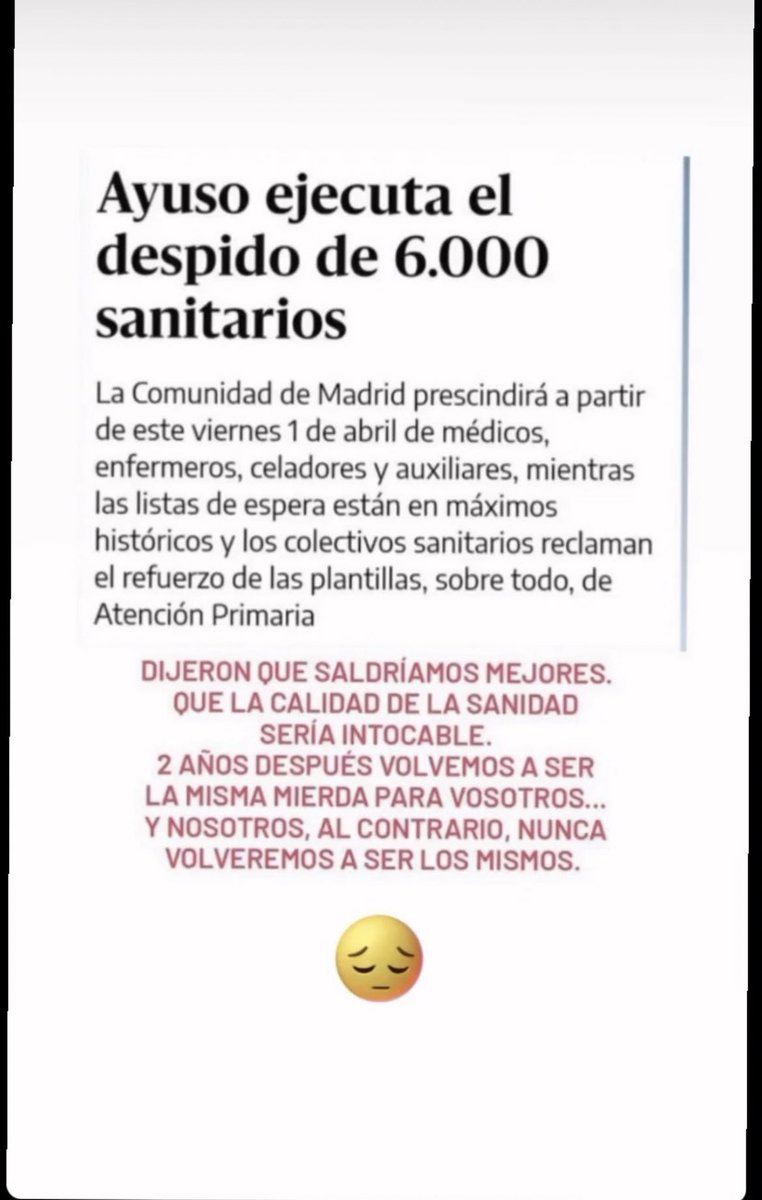 Hoy termina mi contrato Covid en el H. de Getafe, como yo, la gran mayoría de personal de las Urgencias y demás zonas. Hoy pasamos a ser los “Heroes” del paro, esos que nos hemos dejado la vida en estos 2 años y que muchos nos vamos con ansiedad por lo vivido #aquinosobranadie