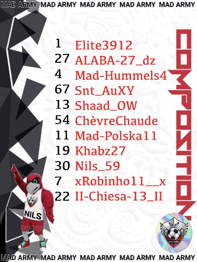 MadArmyFC's tweet photo. Compo du soir:
Voici le 11 aligné pour ce soir en @EfifaOnline & @VPGFrance_
@Elite3912
@ALABA27dz
@MadaHummels
@Snt_AuXY
@xShaad_OW
#ChevreChaude
@polak7813 ©️
#Khabz27
@VanderborghtN
@xRobinho_20
@ll_dybala13 https://t.co/RDLTOPZcSB