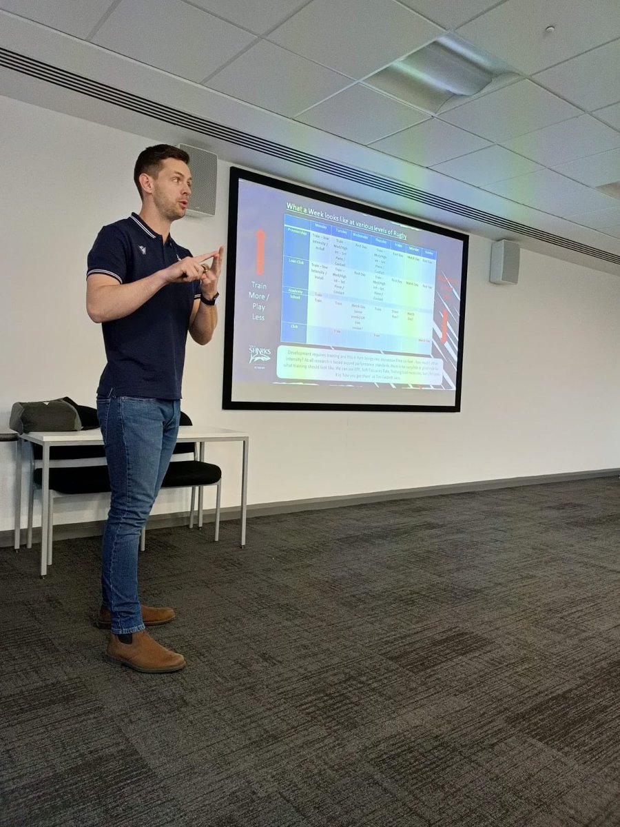 SaleSharksAcad's tweet photo. Sale Sharks Senior Academy S&amp;C @Rob_Simpson7 lecturing at @ManMetUni this afternoon on ‘The Game is the End Point’🦈 https://t.co/pBDp05LsCK
