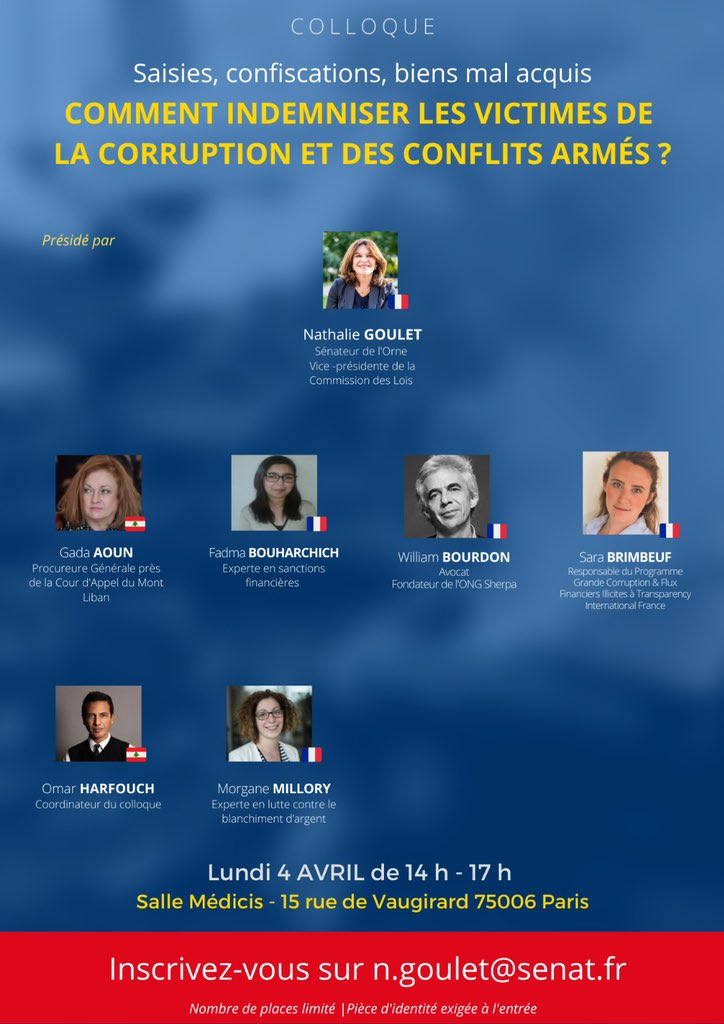 senateur61's tweet photo. #oligarques #confiscations #saisies #indemnisations #biensmalacquis on parlera de tout cela du #Liban🇱🇧 de l’#Ukraine🇺🇦 le 4 avril prochain notamment avec @TI_France inscrivez vous ⤵️ https://t.co/f8Z7ylHGl1
