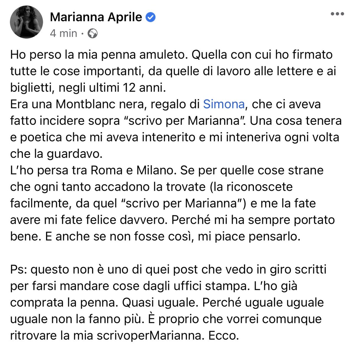 mariannaaprile's tweet image. Dimostratemi che i social servono anche a ricongiungere chi si ama. Aiutatemi a ritrovare la mia penna-amuleto. 🙏