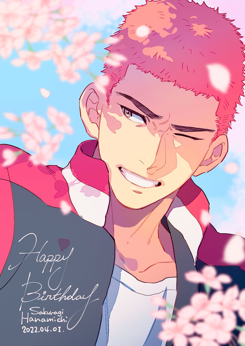 1boy male focus solo short hair one eye closed smile cherry blossoms  illustration images