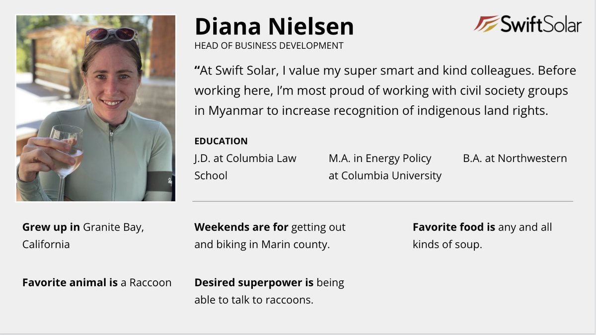 SwiftSolarPV's tweet photo. We’re kicking off our #employeespotlight series with @diana_nielsen8, our Head of Business Development. We hope you enjoy getting to know Diana as much as we have these last few months! #cleantech #people #SwiftSolar https://t.co/nAOR8naLvV