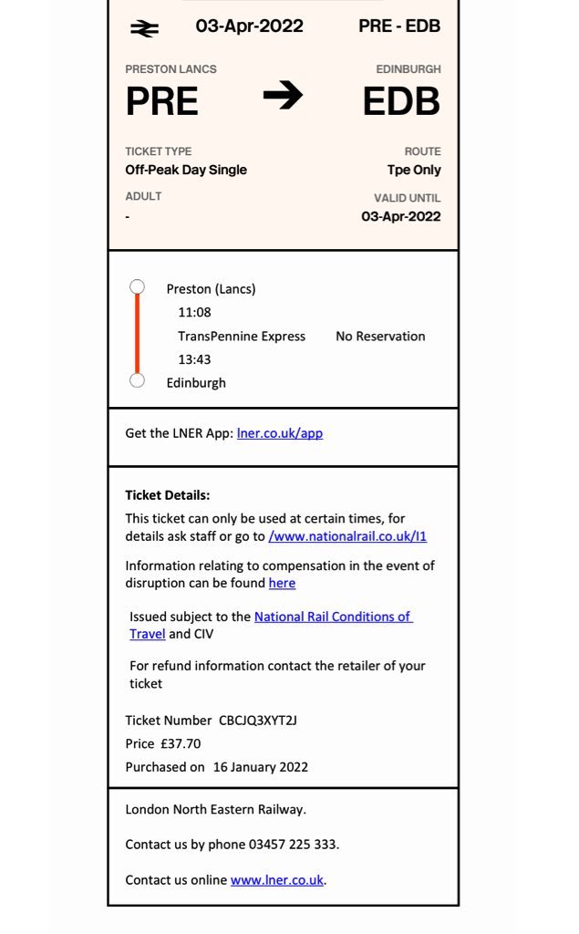 MartinRHill's tweet photo. @LNER Hello again, is the below ticket valid on your services? There are no trains running from Preston to EDB on Sunday so need to find an alternative route. I purchased the tickets through yourselves. If not can we swap them for Manchester to EDB? https://t.co/CBhbOF6Z7T