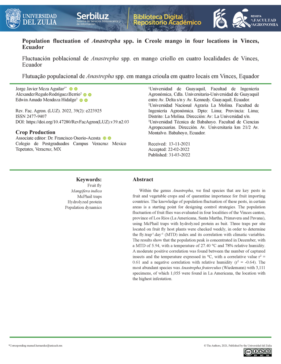 La Rev.Fac.Agron.(LUZ) informa a sus distinguidos lectores la publicación de un nuevo artículo en su Nº2 Vol. 39 año 2022.
Population fluctuation of Anastrepha spp. in Creole mango in four locations in Vinces, Ecuador
Puede consultarlo y descargarlo en doi.org/10.47280/RevFa…