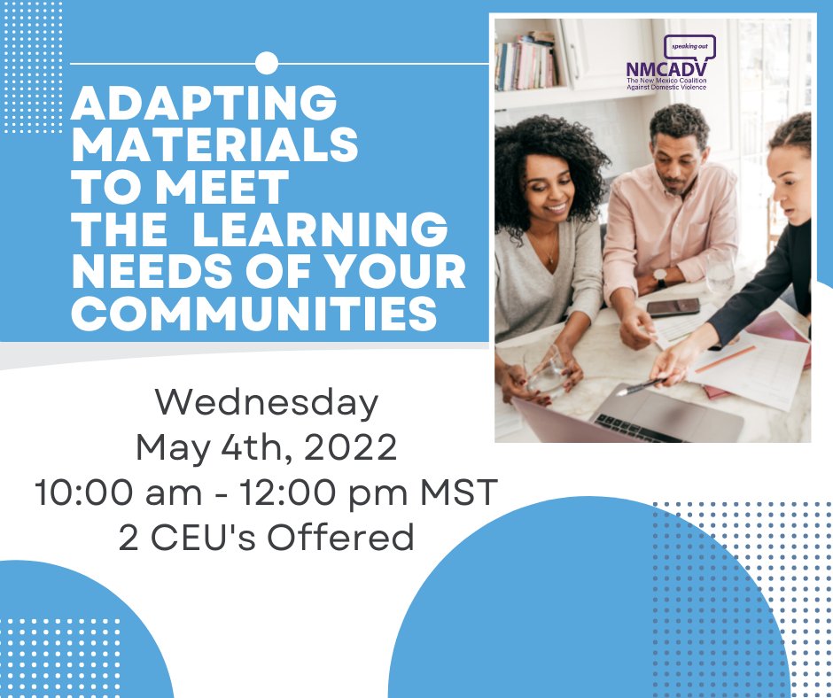 NMCADV's tweet image. Register Today for "Adapting Materials to Meet the Learning Needs of Your Communities" with Lisa Nitsch! 2 CEU's will be offered! - mailchi.mp/nmcadv/marchtr…